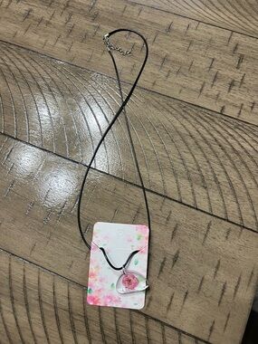 Pink Floral Glass Pendant Necklace on Black Cord